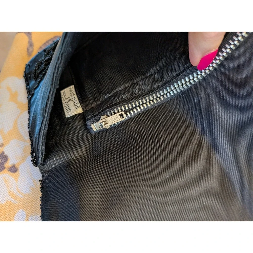 Vintage Black Beaded Sequin Satin Clutch Handbag Hand Made in Hong Kong Floral